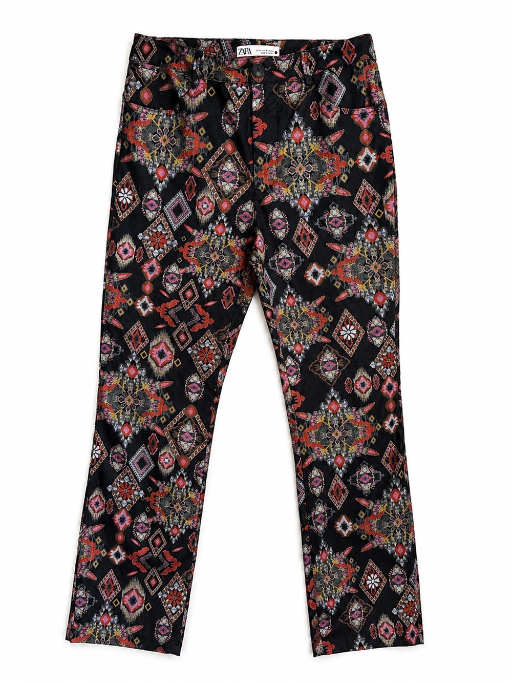 ZARA Women’s M Black Multicolor Boho Geometric Print Straight Leg Pants